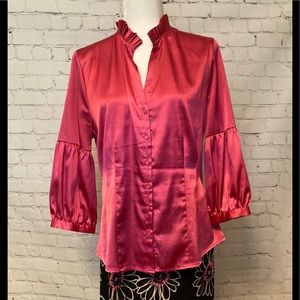 Magenta Pink Satin Blouse-Accordion Neckline-Bishop Sleeve